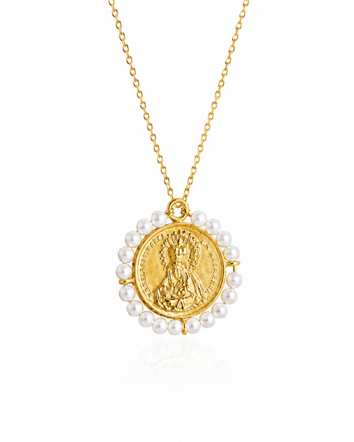 Medalla virgen plata chapada con perlas