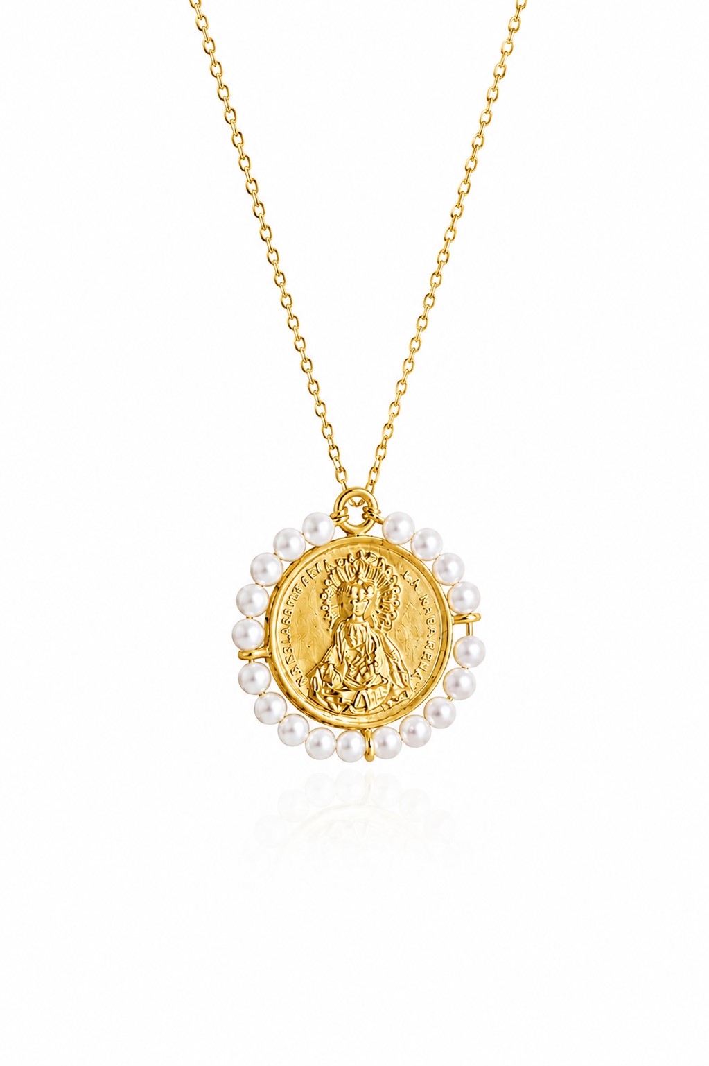 Medalla virgen plata chapada con perlas